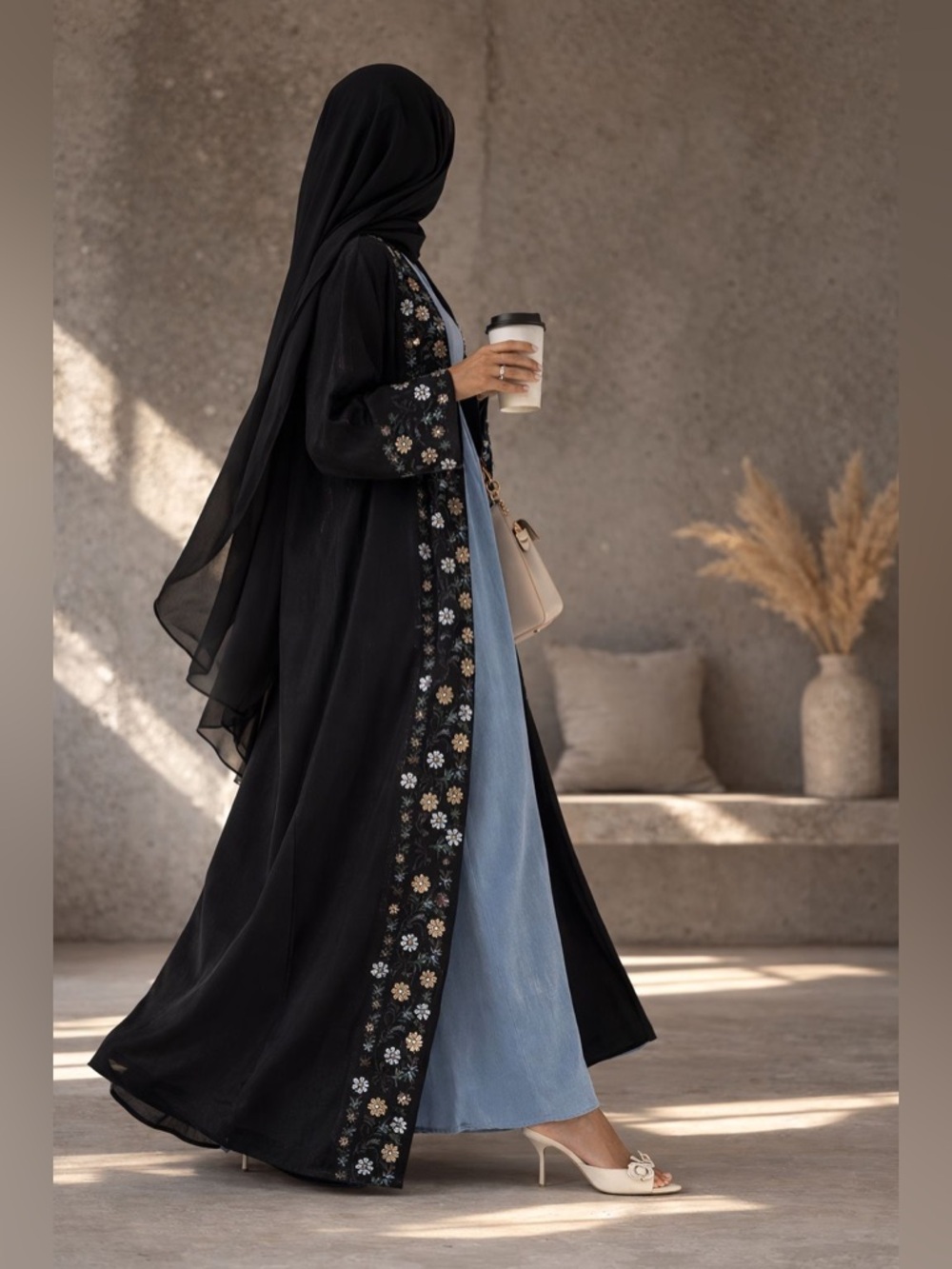 Black Embroidered Abaya Maxi Dress with Light Blue Inner Dress